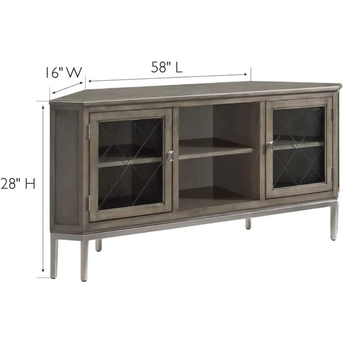 Leick Home 84388 Two Door Corner TV Stand with Open Center Storage and Metal Base for 62" TV's, Smoke Gray Wash/Pewter,Grey