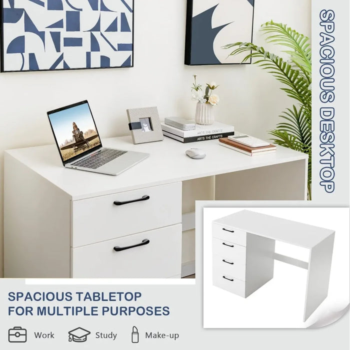 Tangkula White Desk with 4 Storage Drawers, Home Office Writing Desk, Modern Executive Desk, Laptop PC Desk, Vanity Makeup