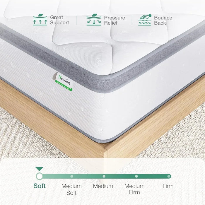King 12 Inch Hybrid Mattress with Bamboo Charcoal Foam, Innerspring Pillow Top Mattress for Pressure & Pain Relief, Soft Feel