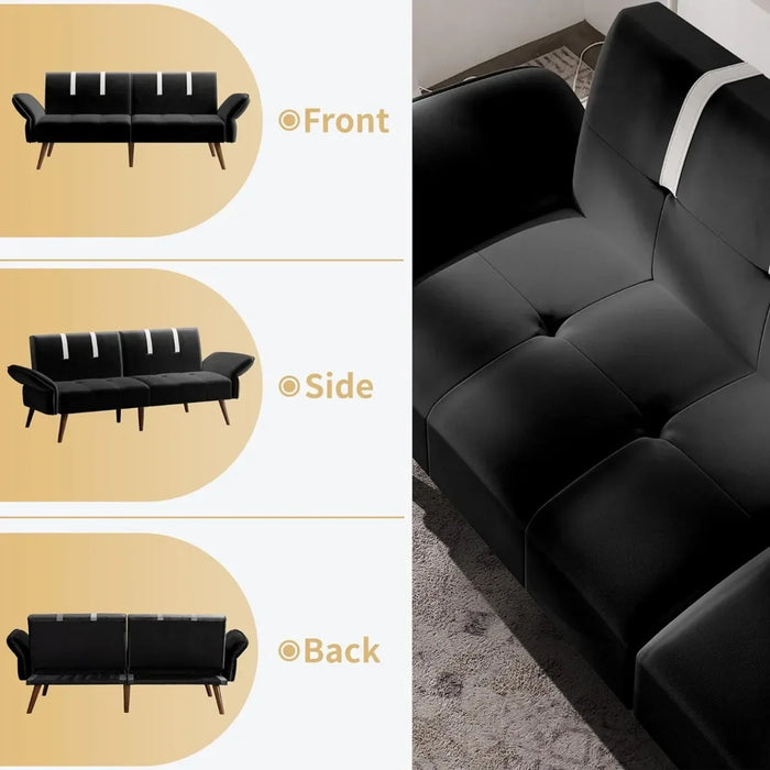 Sofa Bed for Living Room,Velvet Loveseat  for Apartments Office Small Spaces,w/Adjustable Armrests Backrest,Black
