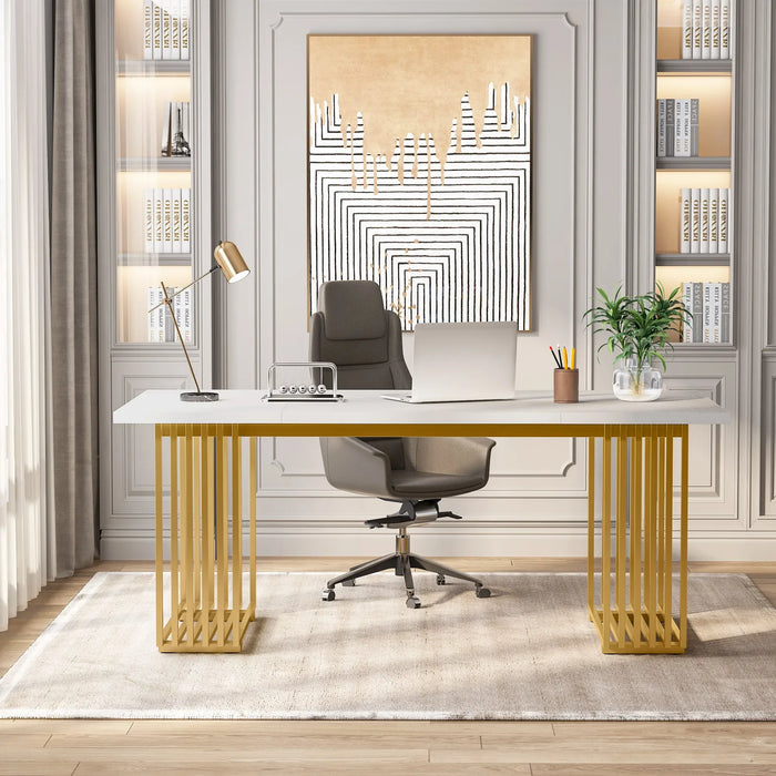 Tribesigns 70.9" Modern Office Desk,Wooden Computer Desk,Executive Desk with Gold Metal Legs, Large Workstation Home Office