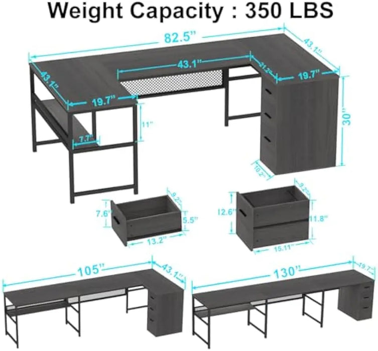 Shaped Desk with Drawers, L Shaped Computer Desk with Storage Shelf, Large Reversible Wood Executive Home Office Desk