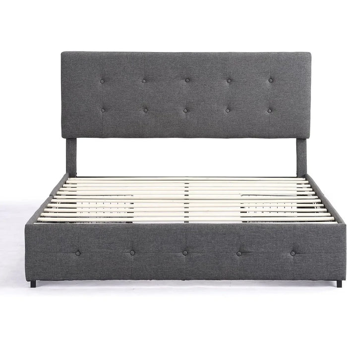 Upholstered Bed Frame Full Size with 4 Storage Drawers and Button Tufted Headboard, Comfort Adjustable Mattress Height