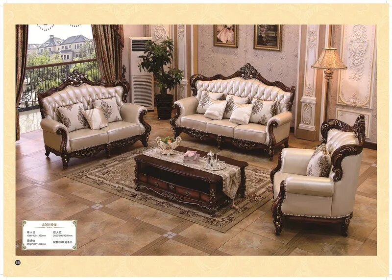 European design classic antique sofas living room furniture set solid wood carved leather couch sofa