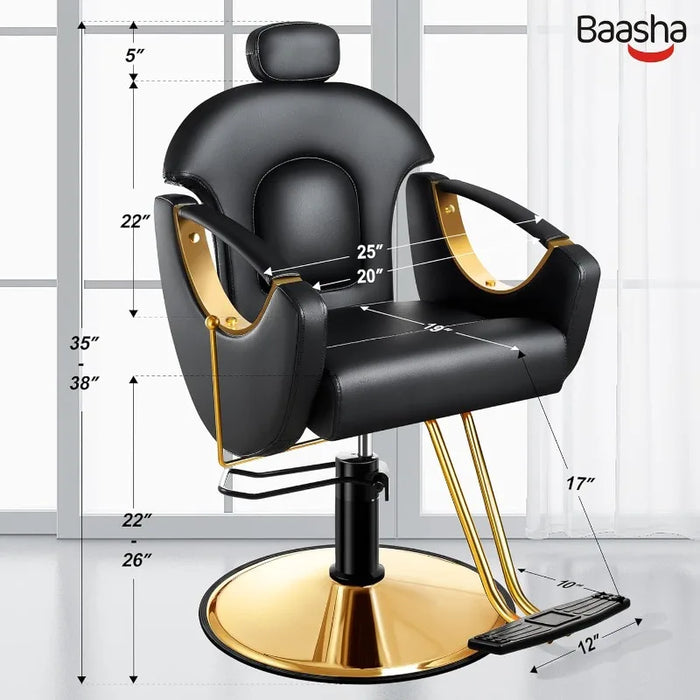 Baasha Ergonomic Reclining Hair Salon Chair, Gold Styling, Removable Headrest, 360 Swivel, Black