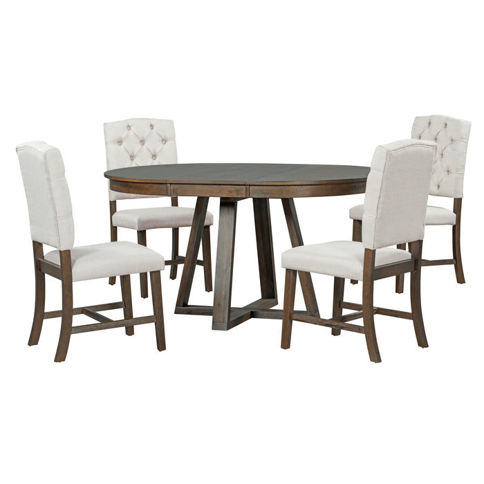 5-Piece Retro Dining Set, Round Table with a 16"W Leaf and 4 Upholstered Chairs for Dining Room and Living Room (Walnut)
