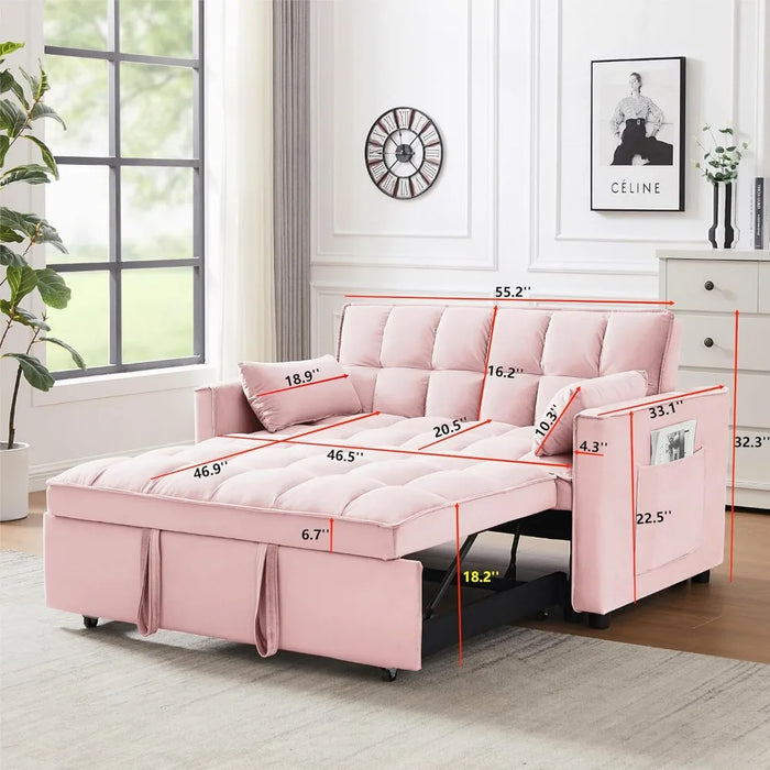 55.2" LoveSeat, Velvet Lounge Futon Chaise, Reversible Bed & Pockets & Toss Pillows, 2-seat Fabric Convertible, Pull Out Couch