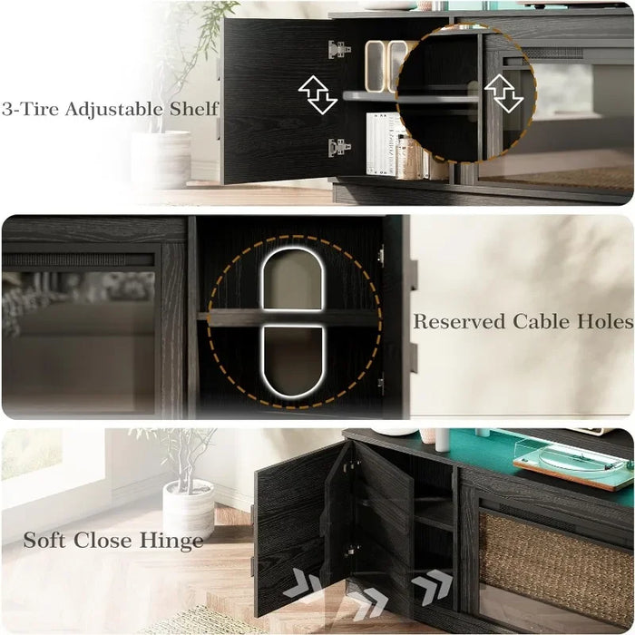 Charging Station & LED Light, Accommodates 55/65/75 inch TV, 68" Wood Entertainment Center for Living Room, Bedroom - Black