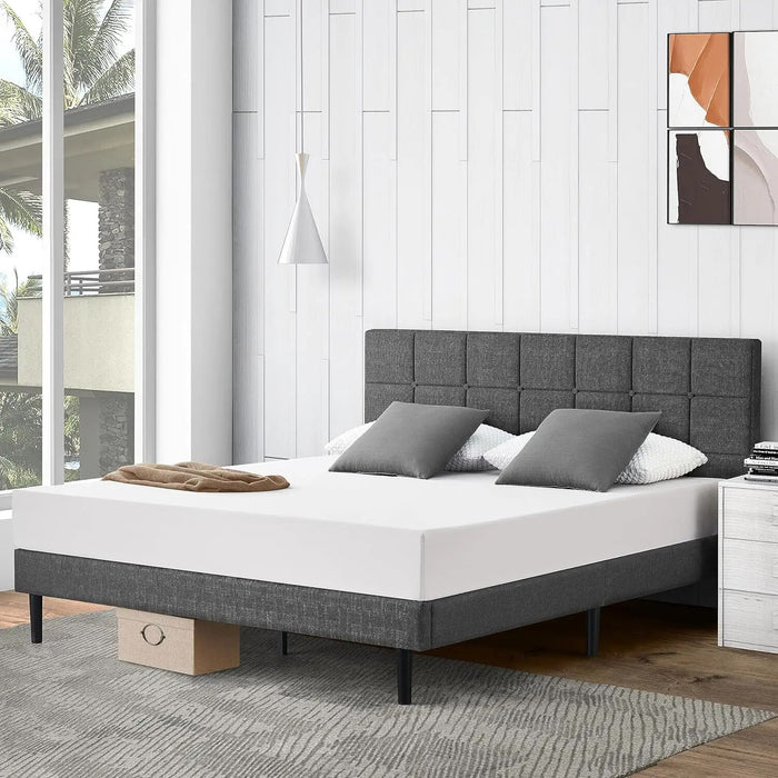 Molblly Queen Bed Frame with Upholstered Headboard, Platform Bed Frame with Sturdy Wood Slat, Linen Fabric Wrap, Non-Slip