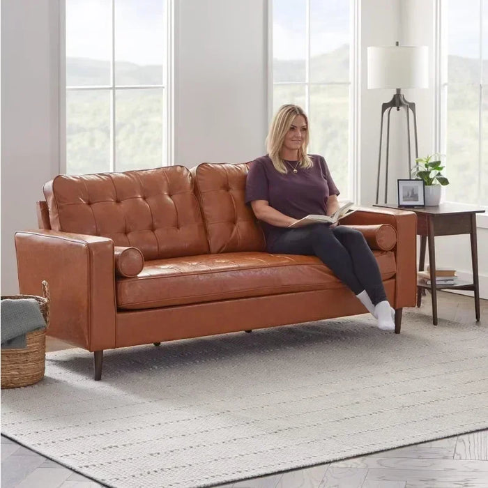 Upholstered Couches for Living Room - Camel Faux Leather Couch - Living Room Furniture