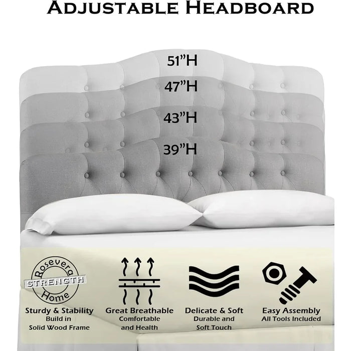 Bedroom furniture upholstered bed, bed with button tufted and adjustable height headboard, bedroom bed, queen bed, natural beige