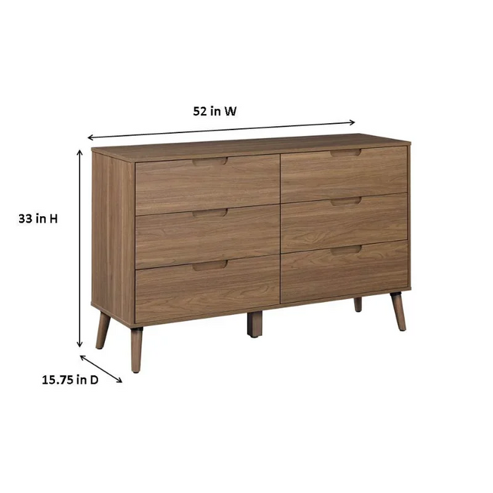 Modern 6 Drawer Wood Dresser, Bedroom, For all ages, Brown Walnut