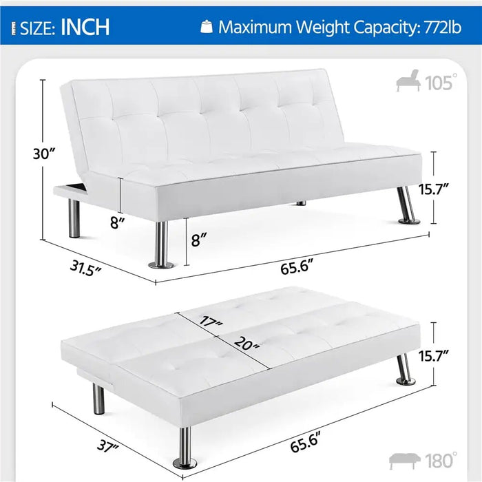 Modern Convertible Futon Sofa Bed, Pull Out Sleeper Couch for Living Room or Bedroom, White