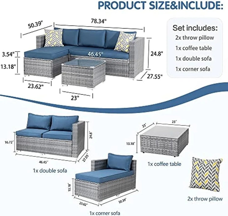 Shintenchi Patio Furniture Sets 3 Pieces Outdoor Sectional Sofa Silver All-Weather Rattan Wicker Sofa Small Patio Conversation