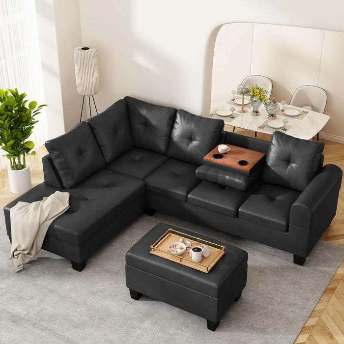 Sectional Sofa, L Shape Sofa, Left Recliner and Storage Footstool, Small PU Leather Living Room Sofa Sectional,
