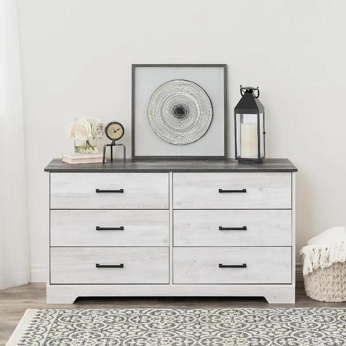 Rustic Ridge Farmhouse 6-Drawer Chest of Drawers for Bedroom, Wooden Bedroom Drawer Dresser with 6 Storage Drawers
