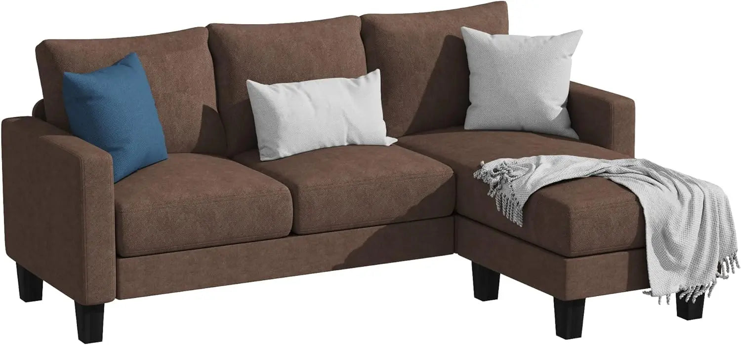YESHOMY Convertible Sectional 3 L-Shaped Couch Soft Seat with Modern Linen Fabric, Small Space Sofas for Living Room Brown