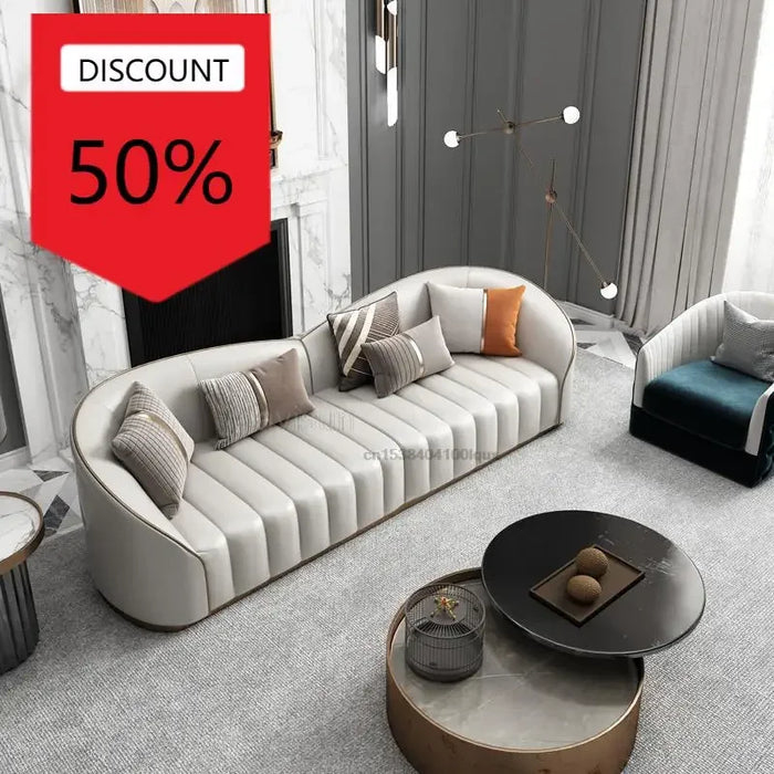 Creative American Style Living Room High End Leather Sofa Set White Large Villa Straight Three-Seat Four Seat Sofa Combination