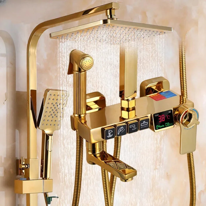 Golden Shower Set Bathroom Smart Digital  System Wall Mount Thermostatic Bath Faucet SPA Rainfall Bathtub LED Tap Full Kit