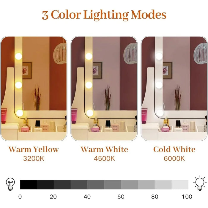Drawer Table with Lighted Mirror, Makeup Vanity Dressing Table with LED Lights, Storage Shelves Cushioned Stool & 2 Drawers