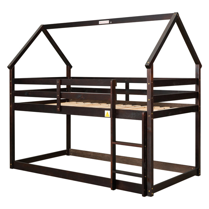 Bunk Bed for Kids Toddlers, Twin Over Twin Bunk Beds ,  Playhouse Farmhouse Roof Guardrail Ladder, for Girls & Boys