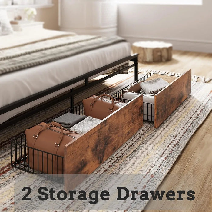 King-size bed frame,storage headboard with charging station,platform bed with drawers,no need for a box spring, easy to assemble