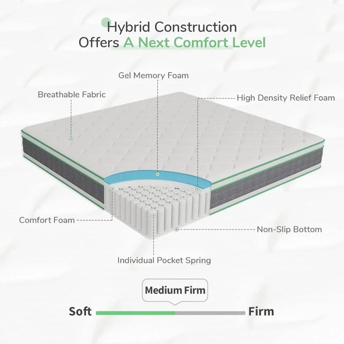 10 Inch Hybrid Mattress in a Box Matress Queen Size Mattress Bed Mattresses Groove Mattresses for Sleeping Twin King Full Home