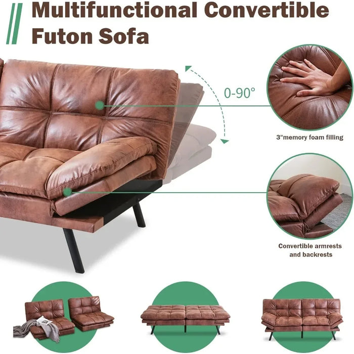 Convertible Futon Sofa Bed,Memory Foam Loveseat,Small Euro Lounger Sofa For Compact Living Spaces,Living Room,Brown Leather