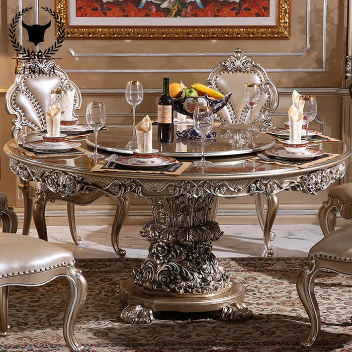 Custom European solid wood dining table and chair combination French round luxury carved retro restaurant furniture