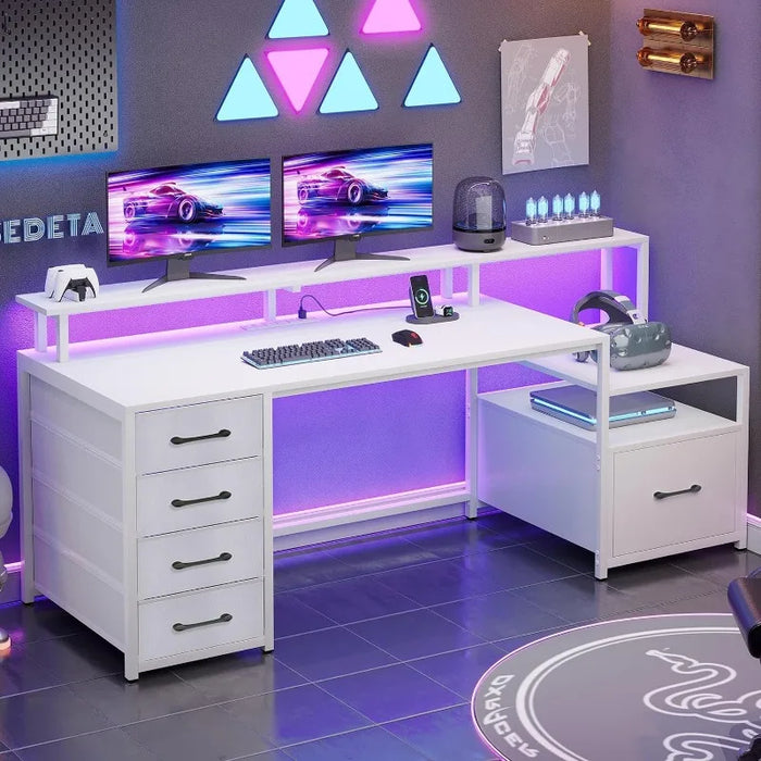 SEDETA Computer Desk with 5 Drawer & Power Outlet 66'' Home Office Desk with File Drawer Storage Shelves with Led Lights US