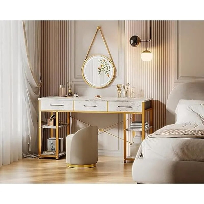 ODK Vanity Desk with Fabric Drawers & Storage Shelves, Makeup Dressing Table, Home Office Desks for Bedroom