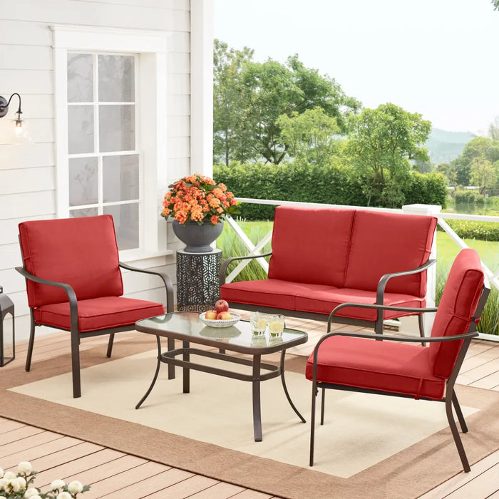 Mainstays Stanton 4-Piece Steel Outdoor Patio Conversation Set, Red patio chair  outdoor furniture set