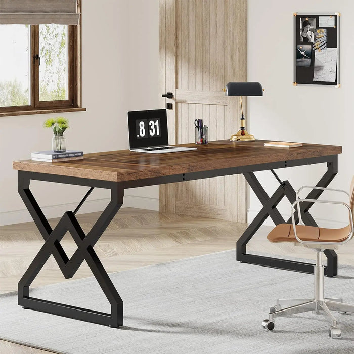 Tribesigns 63 Inch Executive Desk, Large Office Computer Desk with Extra Thick Wooden Tabletop and Metal Frame, Modern Simple Wo