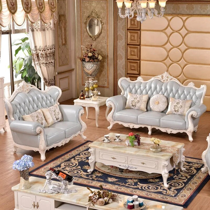 Baroque Style Wood Frame Classic Sofa Baby Blue Princess Antique Sofa Set Leather Fabric Hand Carved Rococo Sectionals sofa