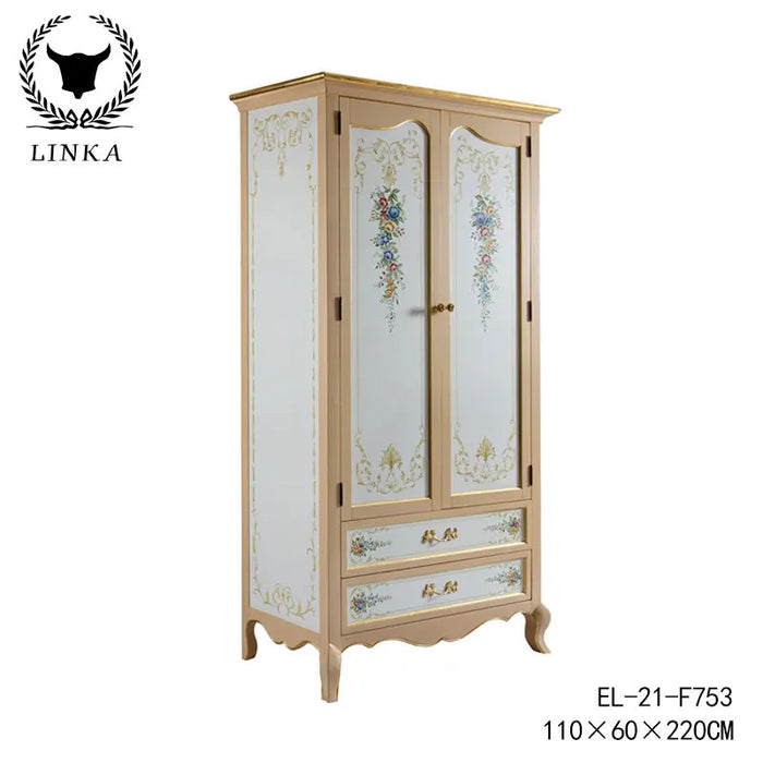 Luxury French art hand-painted all solid wood double door wardrobe exquisite hand pasted gold foil bedroom lockers