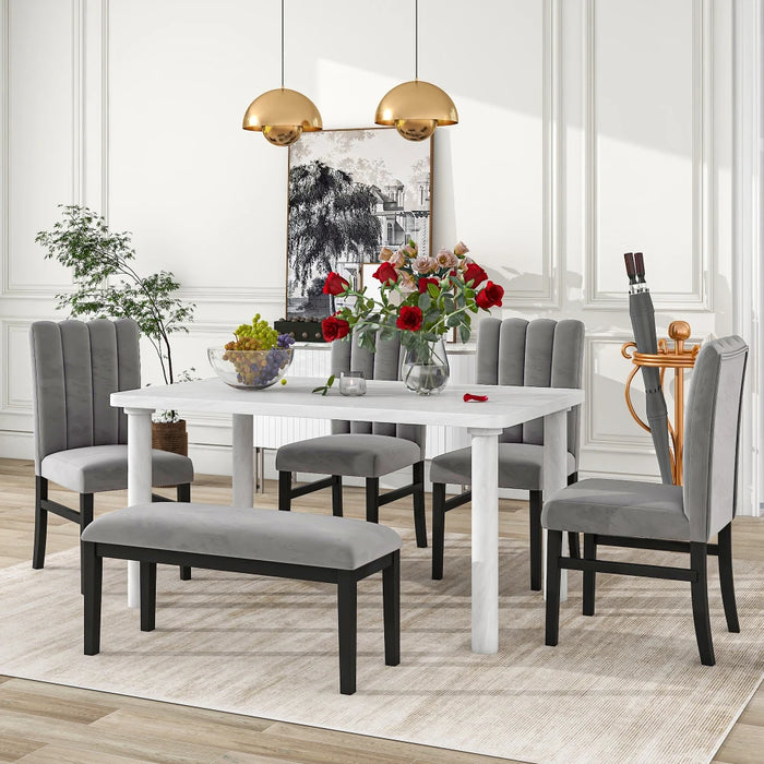6-Piece Dining Table Set with Marble Veneer Table and 4 Flannelette Upholstered Dining Chairs & Bench