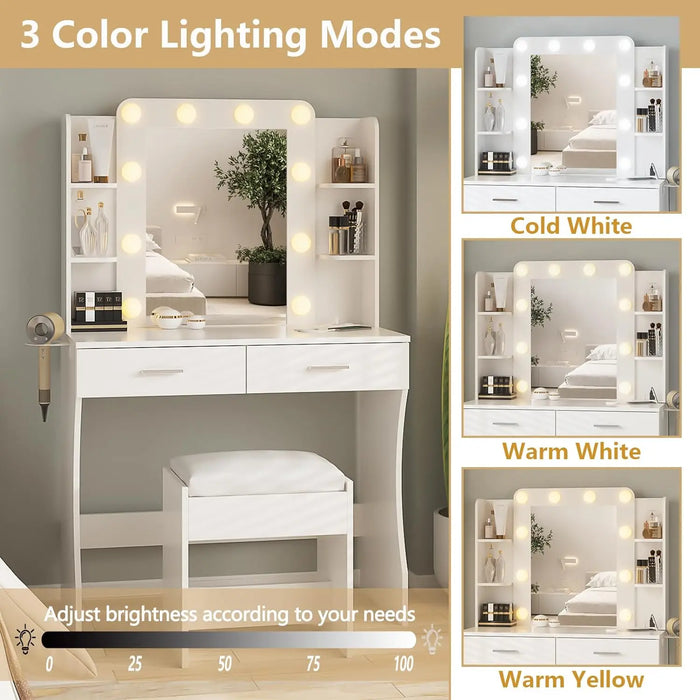 Vanity Desk with Lights,Makeup Vanity with Power Strip,Dressing Table Set with 2 Large Drawers,Vanity Mirror 3 Lighting Color Ad