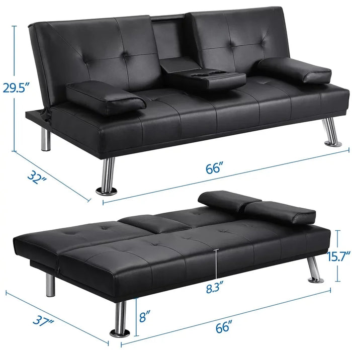 2024 New  Modern Faux Leather Futon with Cupholders and Pillows, Black