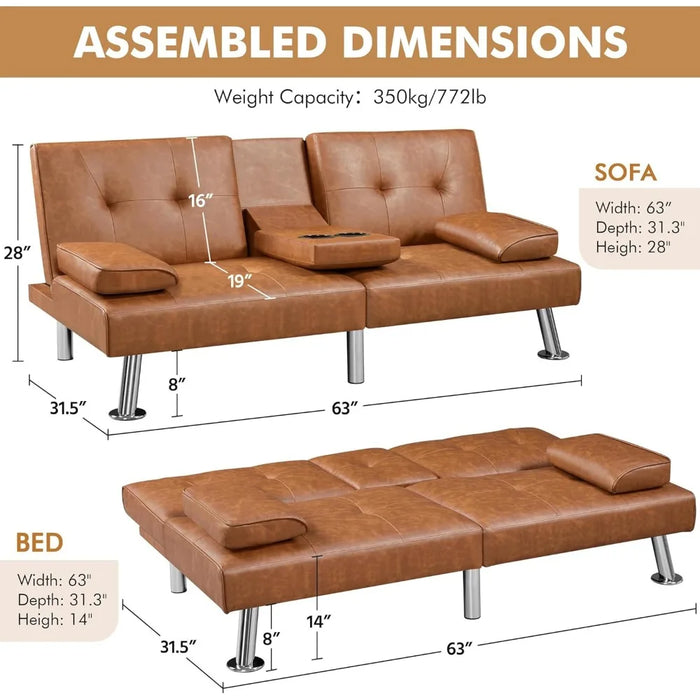 Convertible Sofa Bed Adjustable Couch Sleeper Modern Faux Leather Home Recliner Reversible Loveseat Folding Daybed Guest Bed