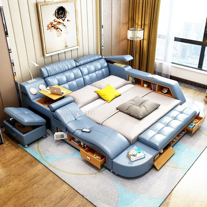 Multifunctional Master Bedroom Leather Queen Double Size Bed Modern Ultimate Smart Bed With Storage Luxury Bedroom Furniture