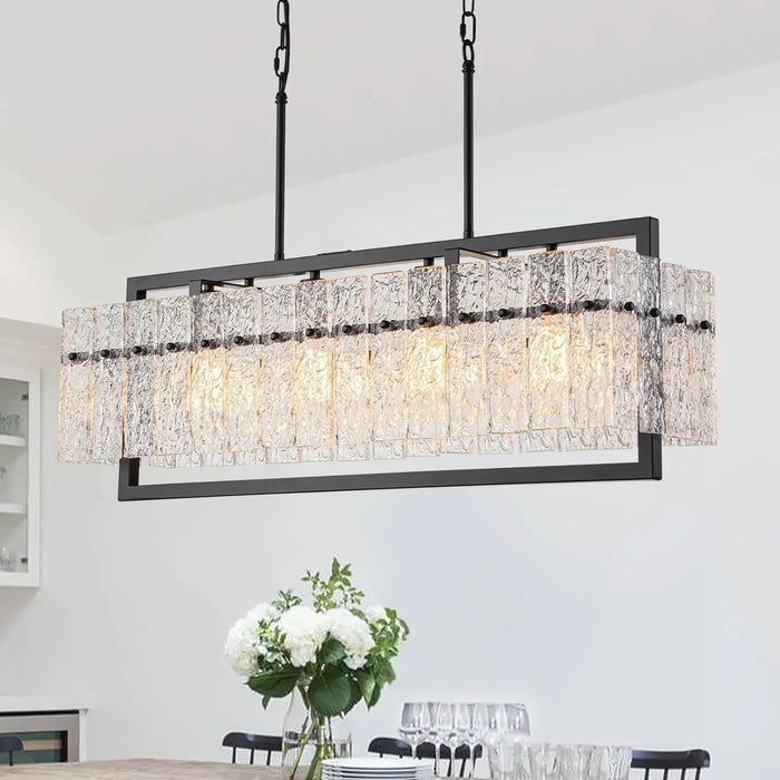 Modern Large Rectangle Chandeliers for Dining Room, 4 Lights Black Crystal Kitchen Island Lighting with Water Ripple Glass,