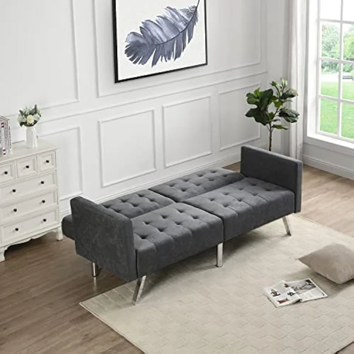 Convertible Folding Futon Sofa Bed Sleeper Lounge Couch for Living Linen Upholstered Loveseat with Armrest, Dark Gray