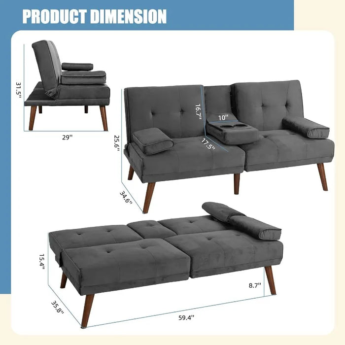 3 in 1 Convertible Sofa Bed Upholstered Small Folding Loveseat Couch w/Removable Armrest, Modern Futon Recliner Sleeper