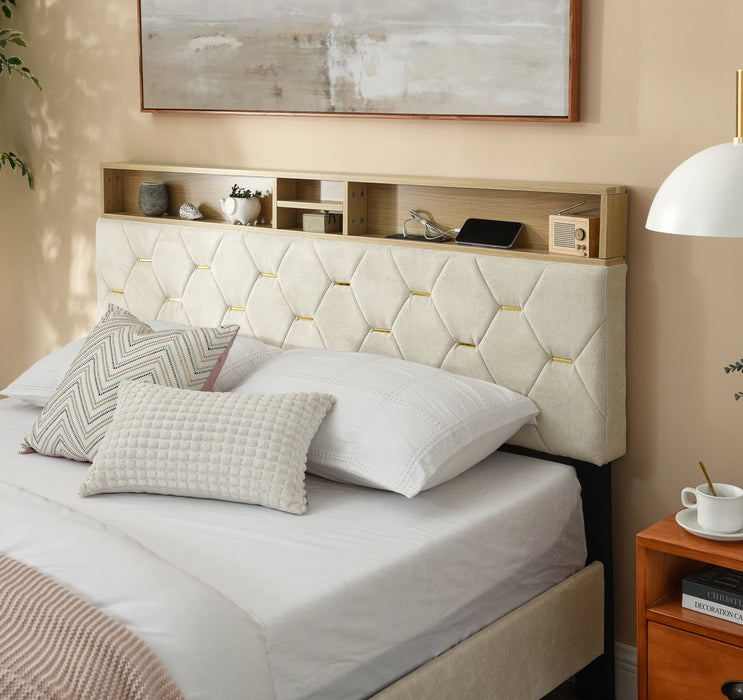 Queen/Full Bed Frame Shelf Upholstered Headboard Platform Bed W/Outlet&USB Ports Wood Legs Grey/Beige Easy Assembly[US-W]