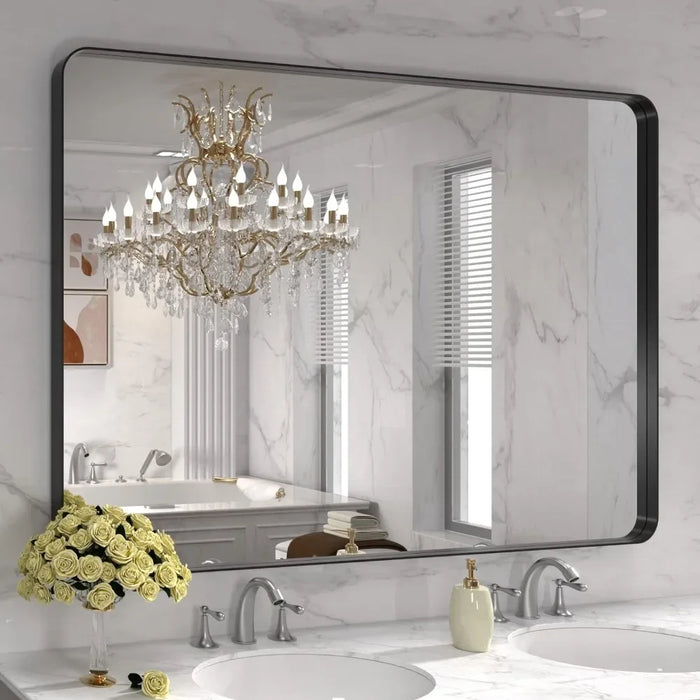 Shower mirror 48X32 Inch Black Metal Framed Bathroom Mirror for Wall, Large Rounded Rectangle Mirror, Anti-Rust, Tempered Glass,