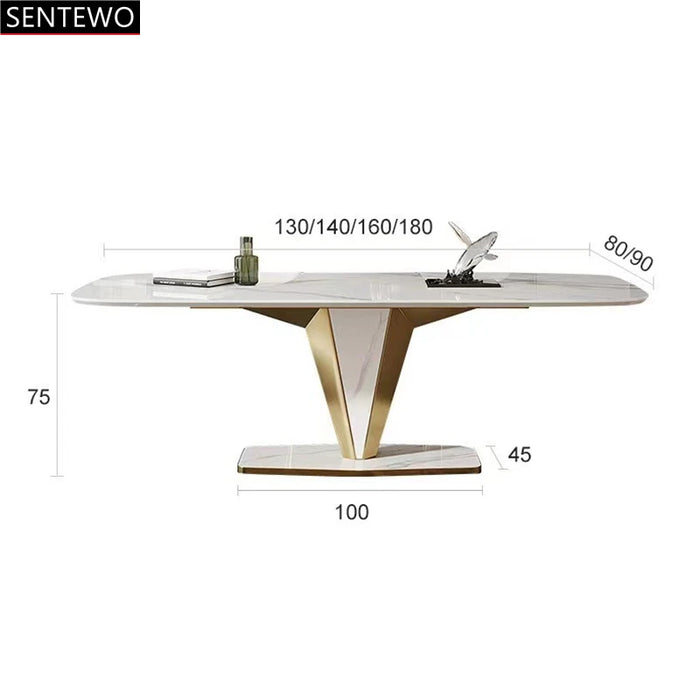 Luxury  Rock Slab Kitchen Dining Table Dinning Chair Set Stainless Steel Golden Base Faux Marble Table Chair Muebles De Cocina