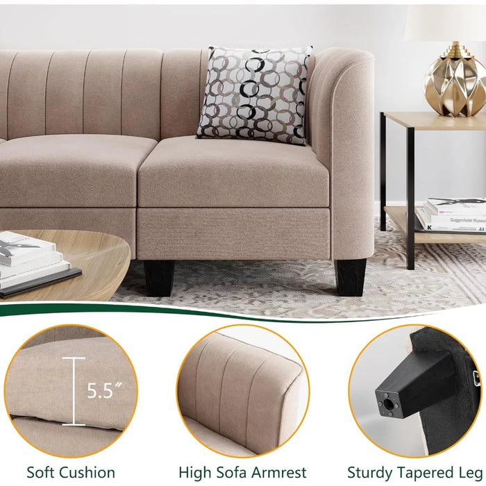 Upgraded Convertible Sectional Sofa Couch, 3 Seat L Shaped Sofa with High Armrest Linen Fabric Small Couch for Living Room Beige