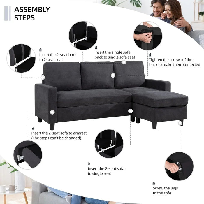 Convertible Sectional Sofa Couch, Modern Linen Fabric L-Shaped Couch 3-Seat Sofa Sectional with Reversible Chaise