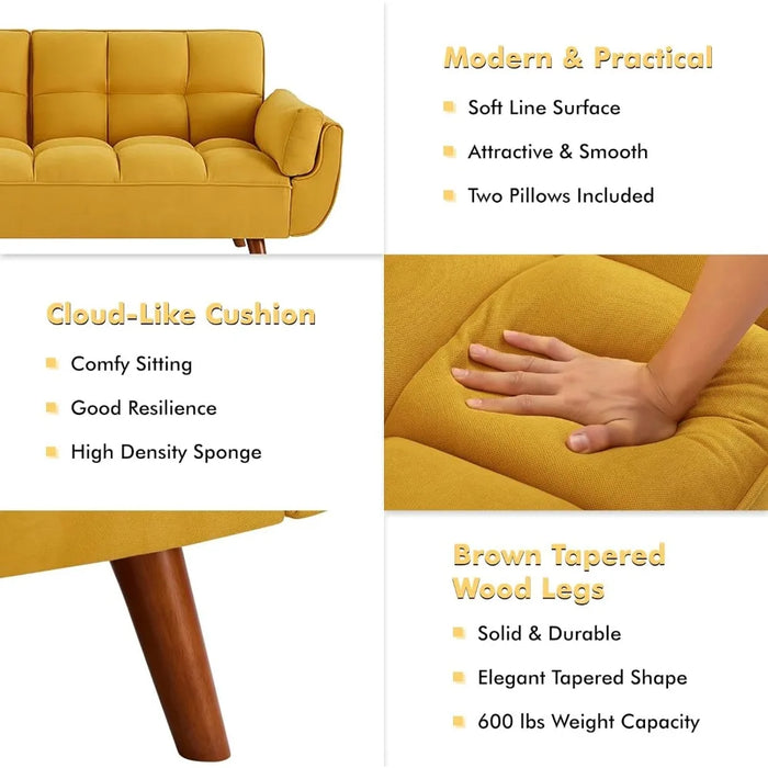 Linen Futon Sofa Bed Loveseat, Adjustable Backrest Convertible Sleeper Reclining Couch with Tapered Wood Legs, Yellow