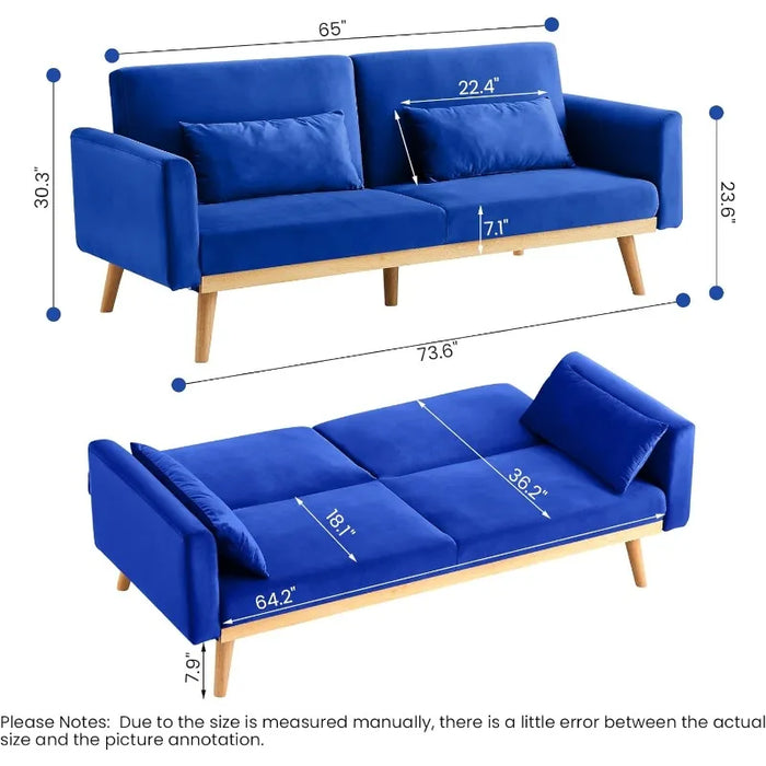 Futon Sofa Bed, Velvet Convertible Sofa Couch Sleeper with Wood Legs & 2 Pillows, Upholstered Loveseat for Small Spaces
